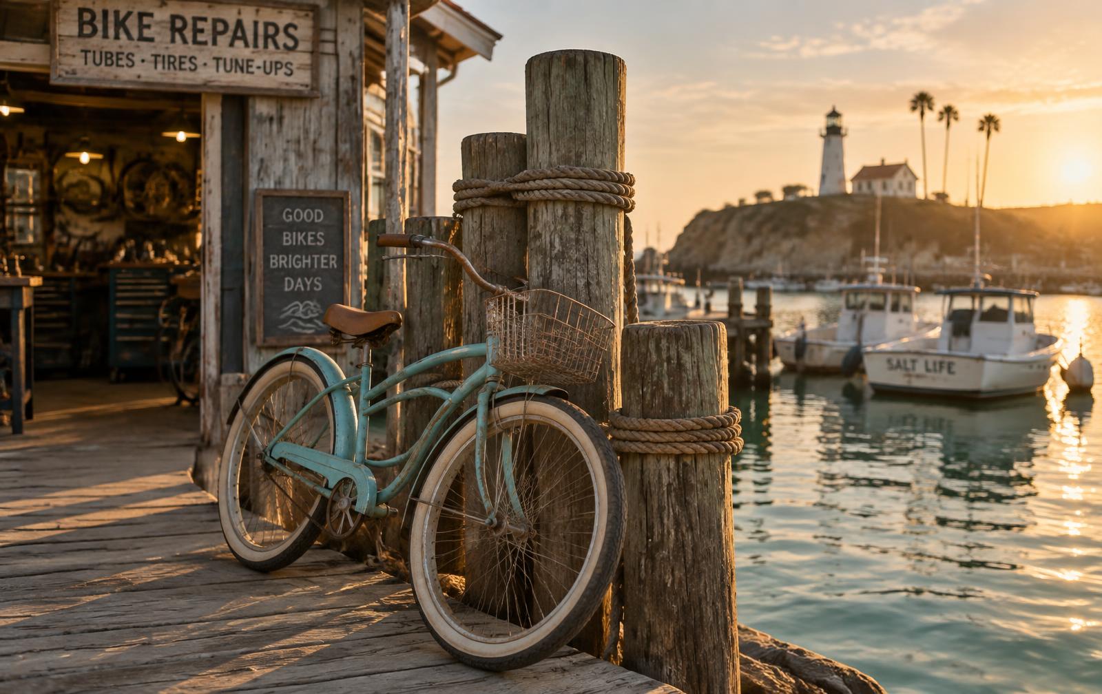 A teal beach cruiser leaning on harbor pilings at sunset